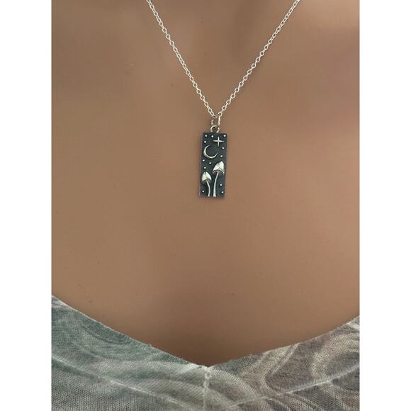 Sterling Silver Mushroom Moon Stars Necklace,  Mushroom Moon Stars Necklace - Picture 1 of 5